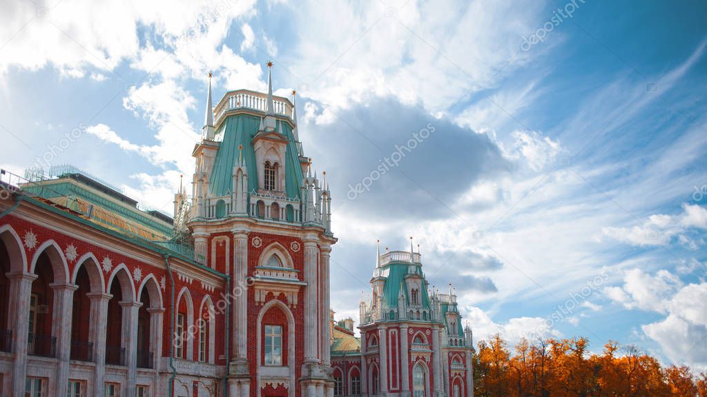 Moscow, Tsaritsyno Park. Beautiful Palace, red brick. Manor in Russia, Moscow