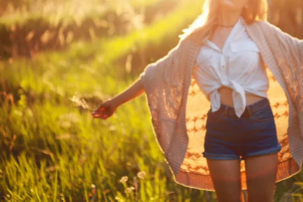 Leuk charmant meisje in de zomer in het veld. Jonge vrouw is blij en voelt gratis buitenshuis — Stockfoto