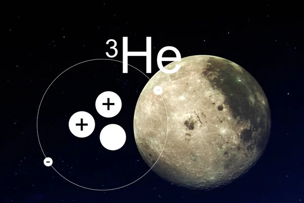Luna y Helio 3, el modelo del átomo contra la luna . — Foto de Stock