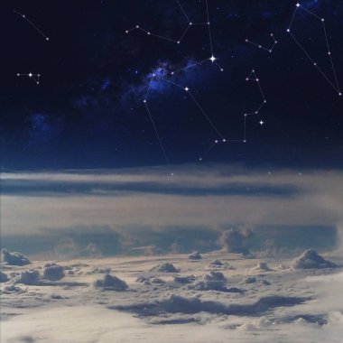 Space above the clouds, constellations in starry sky