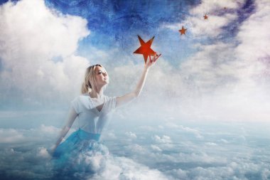 Young attractive woman Sitting on a cloud reaching for the star. Take a star from the sky, dreams and plans, concept clipart
