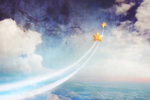 Two stars flying above the clouds, up into space. Dream together, relationships and dreams, a conceptual image — Stock Photo, Image