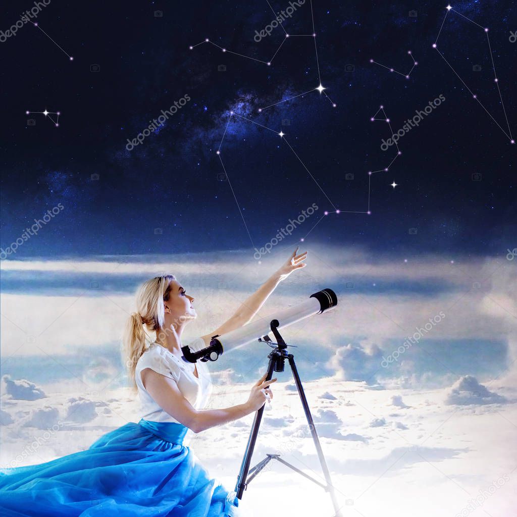 Young woman dreams of the future, concept. Girl above the clouds looks up and uses a telescope. Starry sky