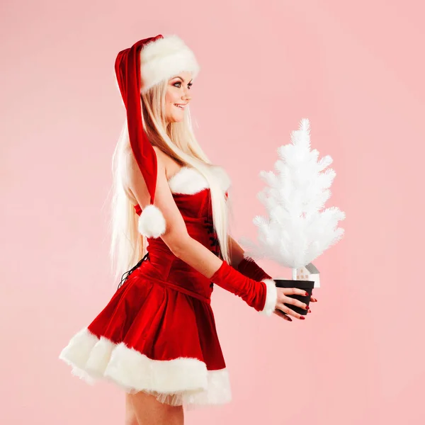 Γοητευτική και ελκυστική ξανθιά γυναίκα σε ένα κοστούμι Σάντα με λευκό χριστουγεννιάτικο δέντρο. — Φωτογραφία Αρχείου