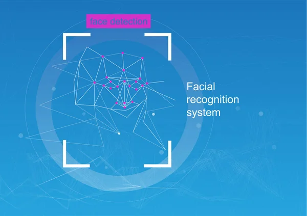 Riconoscimento facciale, concetto. concetto di riconoscimento. diagramma della griglia e algoritmo di rete neurale . — Vettoriale Stock