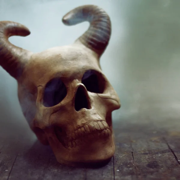 Horned human skull in the fog. Halloween theme, copy space — Stock Photo, Image