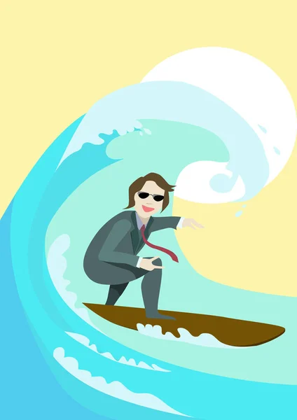 Uomo d'affari sul surf. l'uomo d'affari coglie l'onda. Concetto di start-up , — Vettoriale Stock