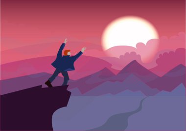 Adam panorama adlı arıyorsunuz dağın zirvesinde. Günbatımı ile manzara.