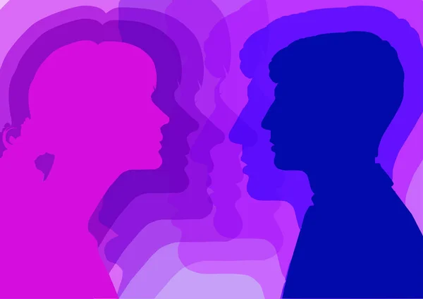 Interaction of genders. Male and female profile, the concept of communication. — Stock Vector