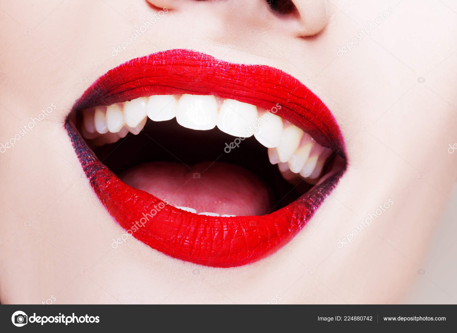 Happy Smile Red Lipstick White Teeth Bright Stylish Makeup