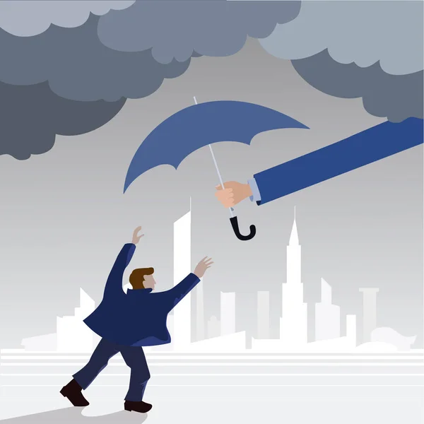 Seguro de ativos e depósitos bancários. Investimentos arriscados. A mão em cima da pessoa estende um guarda-chuva, proteção e seguro . —  Vetores de Stock