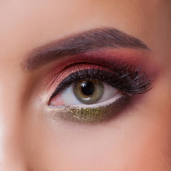 Amazing Bright eye makeup in luxurious scarlet shades. Pink and blue color, colored eyeshadow — Stock Photo, Image