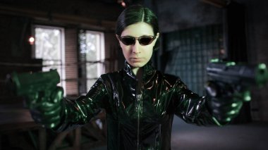 Computer viruses and cybersecurity, concept. young woman dressed in matrix style. clipart
