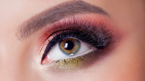 Amazing Bright eye makeup in luxurious scarlet shades. Pink and blue color, colored eyeshadow — Stock Photo, Image