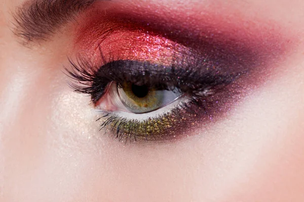 Amazing Bright eye makeup in luxurious scarlet shades. Pink and blue color, colored eyeshadow — Stock Photo, Image