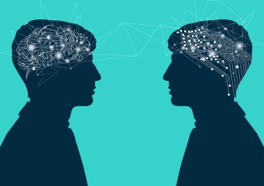 İnsan beyni karşı siber beyin. insan zihni, bağlantıyla yapay zeka kavramı. Mavi arka plan üzerinde insan ve robot profilleri