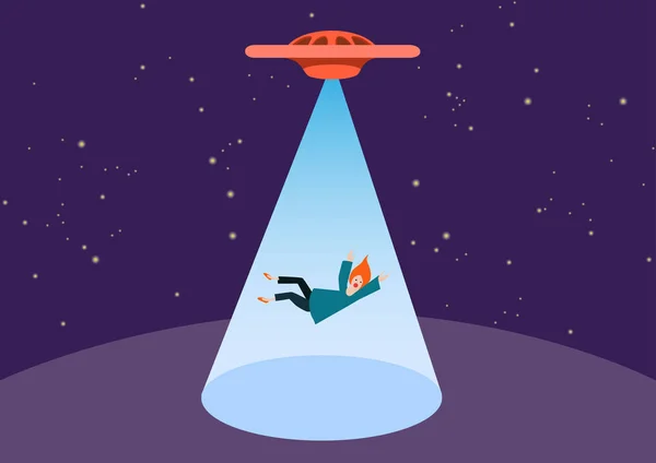 UFO und Teleportstrahl. Ufo entführt eine Person, Vektor. Die Frau wurde von Ausländern bestohlen. — Stockvektor
