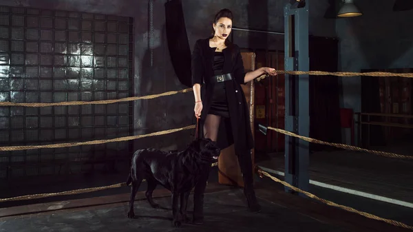 Stylische und sexy Frau in Schwarz mit schwarzem Labrador. — Stockfoto