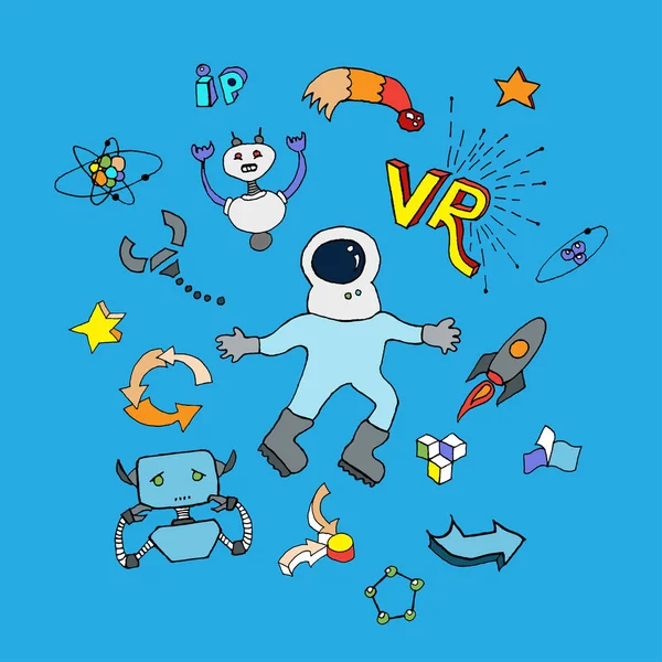 STEM serie di illustrazioni. Astronauta, androidi e altri elementi scientifici in stile disegno a mano — Vettoriale Stock
