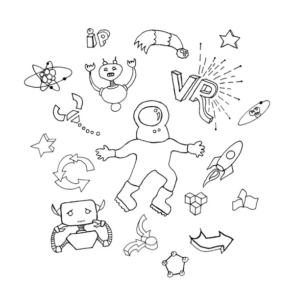 Conjunto de ilustrações STEM. Astronauta, andróides e outros elementos científicos em estilo desenho à mão — Vetor de Stock