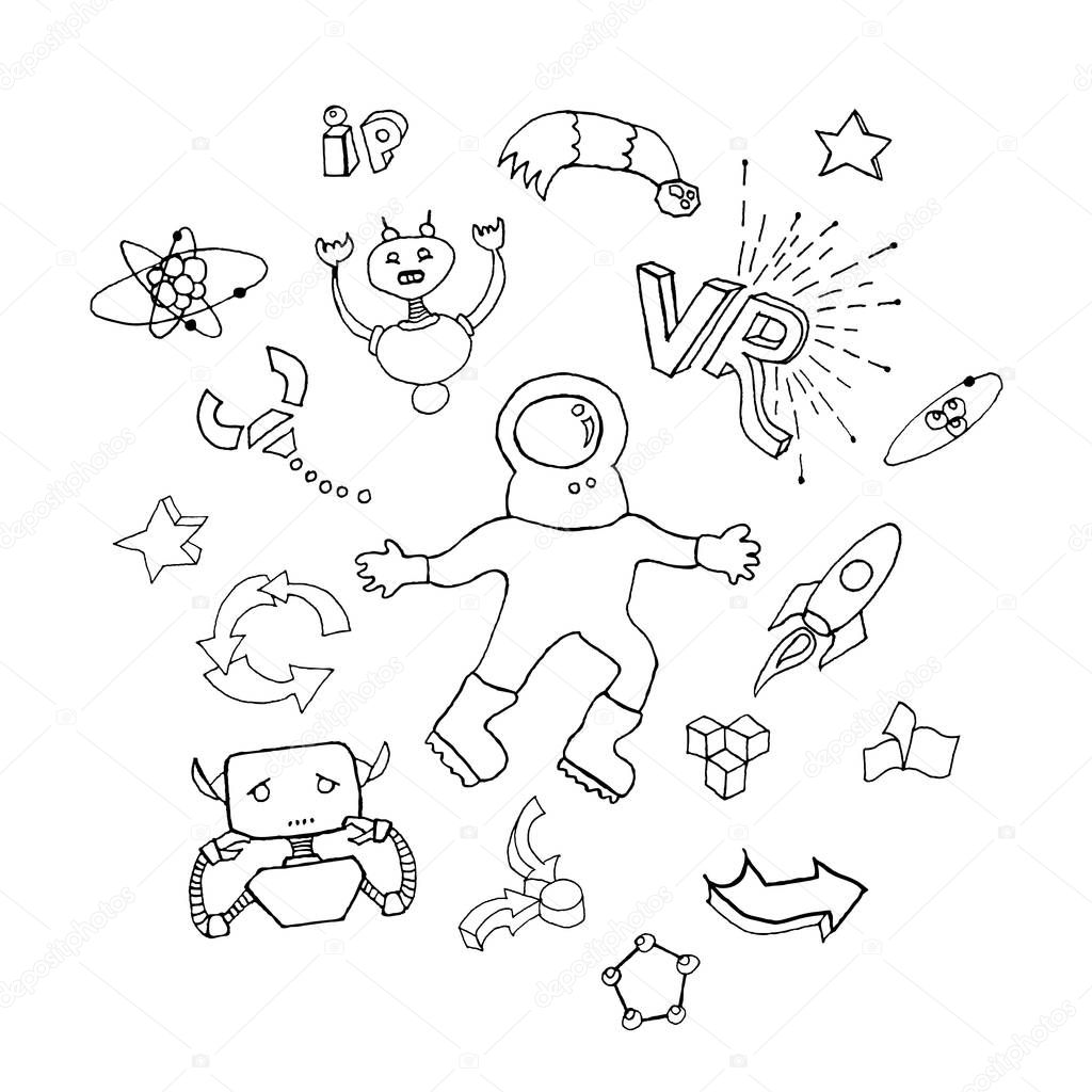 STEM set of illustrations. Astronaut, androids and other scientific elements in hand drawing style