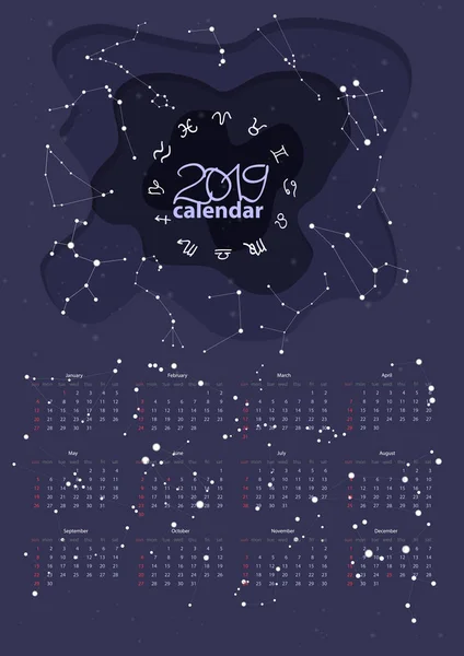 Print for wall calendar 2019 in cartoon style with astronomically correct constellations and symbols of zodiac signs. — Stock Vector