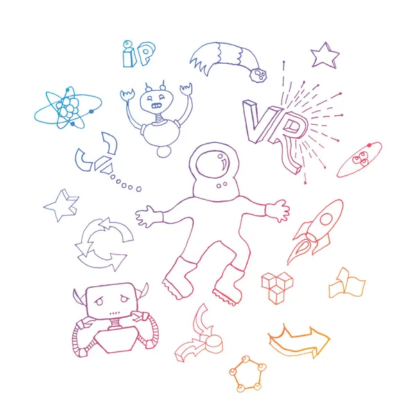 STEM serie di illustrazioni. Astronauta, androidi e altri elementi scientifici in stile disegno a mano — Vettoriale Stock