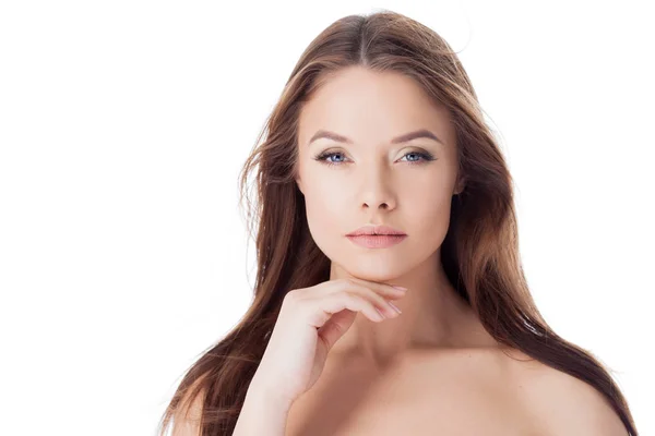 Healthy lifestyle and face care. Portrait of a young beautiful woman with with long hair, close-up — Stock Photo, Image