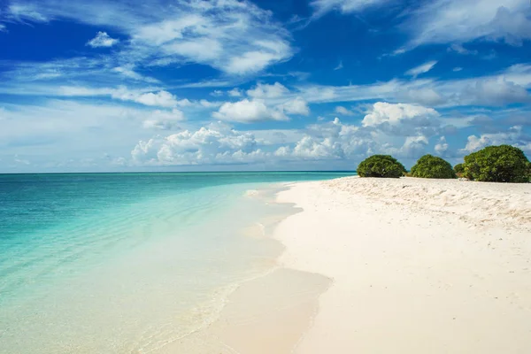 Costa en el atolón de coral. Isla tropical paradisíaca, arena blanca y aguas cristalinas. Paisaje — Foto de Stock