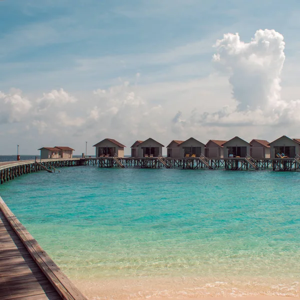 Amor en Paradise Island, concepto. Bungalow en zancos en el agua, increíble naturaleza tropical. Maldivas resort — Foto de Stock