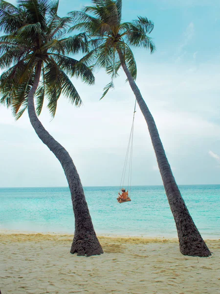 Swing on a palm tree. Beautiful island landscape with relaxing girl on a swing.