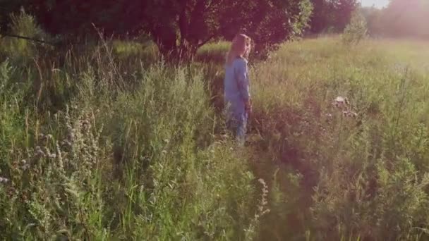 Chica Debajo Del Árbol Una Joven Caminando Campo Cerca Del — Vídeo de stock