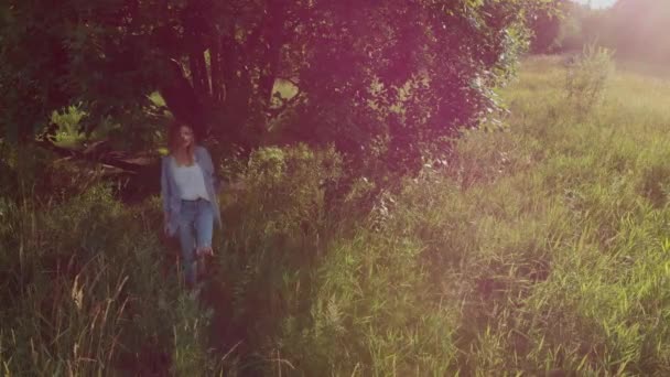 Mädchen geht unter den Baum. eine junge Frau auf dem Feld — Stockvideo