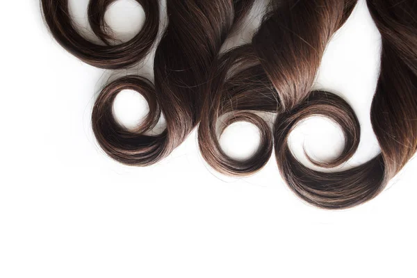 Fio de cabelo morena isolado em branco, cabelo castanho luxuoso em branco, espaço livre para texto — Fotografia de Stock