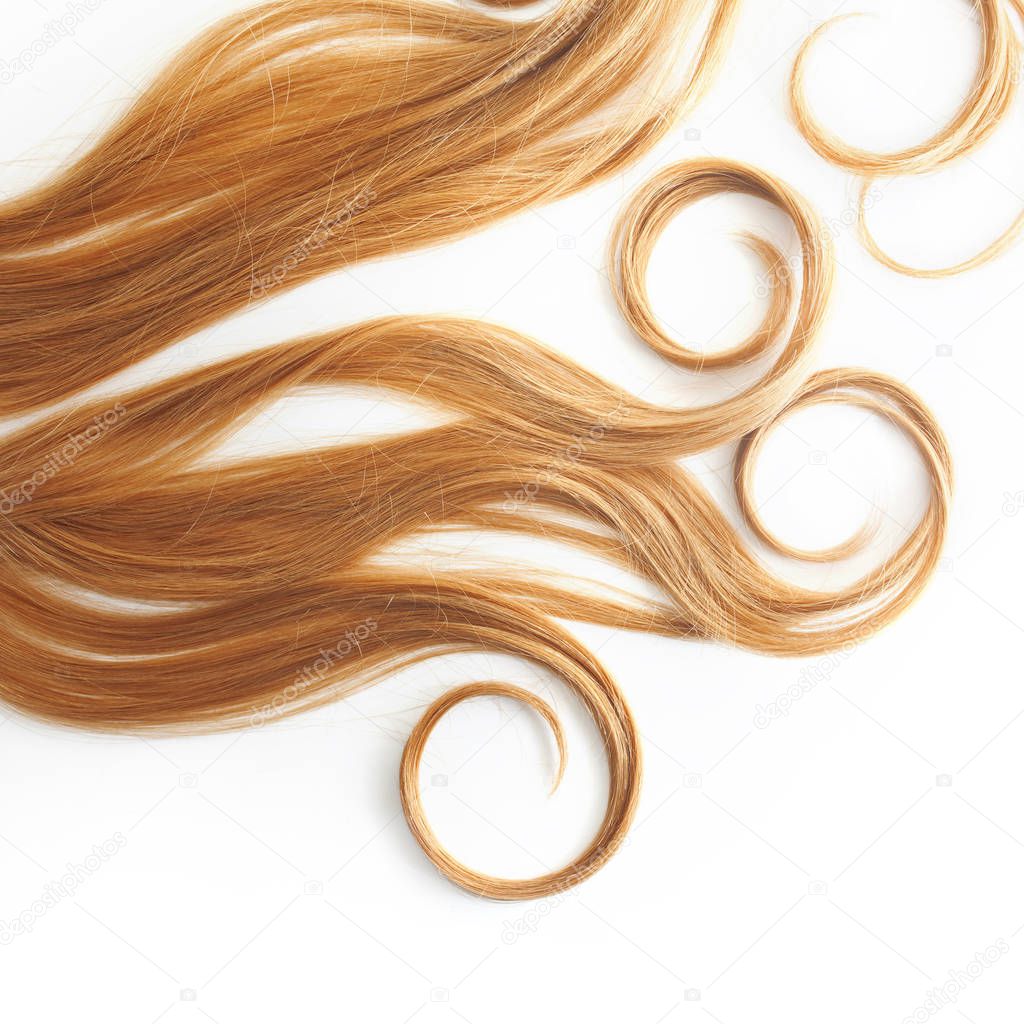 Blonde Curls hair isolated on white background. strand of light or red hair, hair care