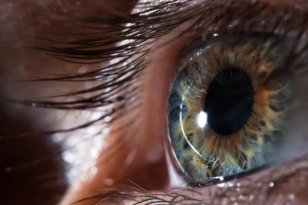 Человеческий глаз крупным планом, Макро. Красивая радужная оболочка глаза, здоровое зрение и самобытность — стоковое фото