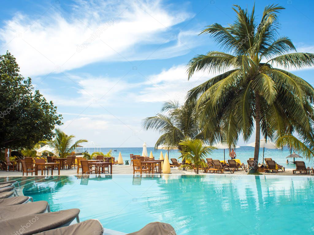 Blue water in the swimming pool and fluffy palm trees. Luxury resort on tropical iseland.