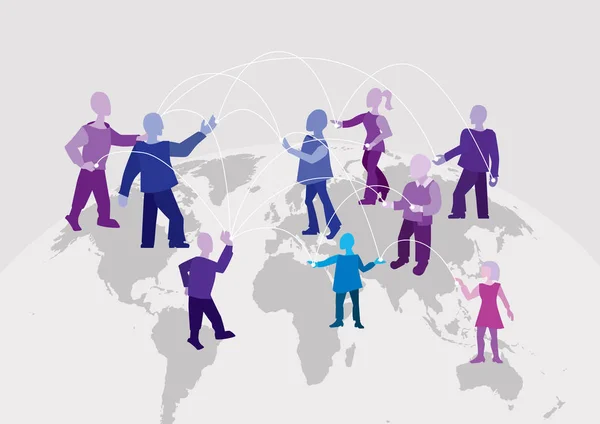 Un lien mondial. Différentes personnes à travers le monde travaillent ensemble, communiquent et échangent des informations — Image vectorielle