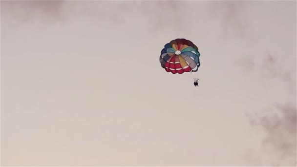 Parasailing in evening. Bright parachute on a background of a sky. — Stock Video