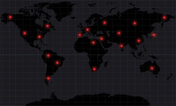 Weltkarte mit Gefahrenschildern auf der ganzen Welt. Symbole starten Waffen oder Militäraktionen. — Stockvektor