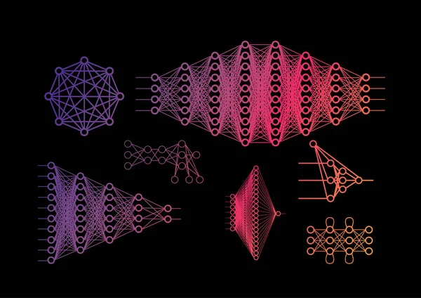 Viele neuronale Netzwerkdiagramme, Eingabe- und Ausgabedaten, versteckte Schichten. — Stockvektor