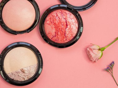 Profesyonel makyaj için toz ve göz farı uygulamak için farklı fırçalar ayarlayın. Kozmetik ve Vakfı