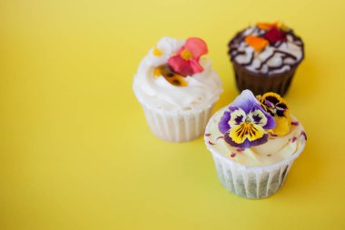 farklı dolgular ve krema ile lezzetli cupcakes seti. Kremalı üç muffin