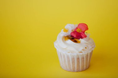 Pembe arka planda tatlı tatlı, kopya alanı. Kremalı Cupcake, güzel ve lezzetli.
