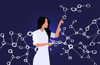 female scientist with a tablet in her hand explores molecular bonds.  clipart