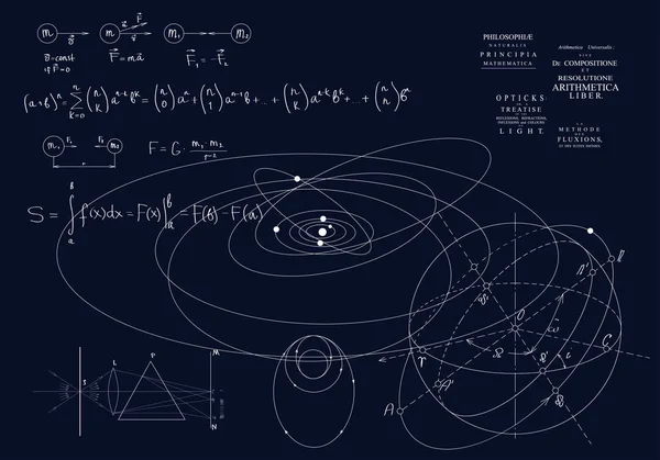 Formeln der klassischen Mechanik, Newtons Gesetze. Physik der Bewegung von Körpern, Gravitationsgesetze und Optik. — Stockvektor