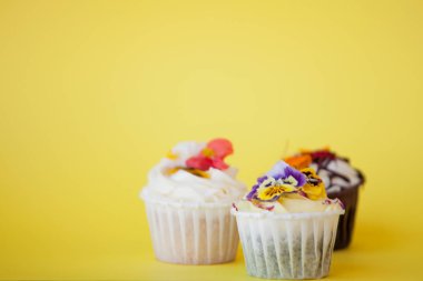 farklı dolgular ve krema ile lezzetli cupcakes seti. Kremalı üç muffin