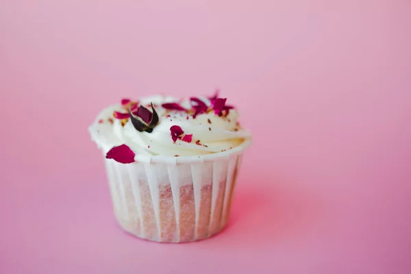 Doce sobremesa no fundo rosa, espaço de cópia. Cupcake com creme, bonito e delicioso . — Fotografia de Stock