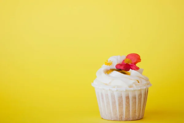 Süßes Dessert auf rosa Hintergrund, Kopierraum. Cupcake mit Sahne, schön und lecker. — Stockfoto