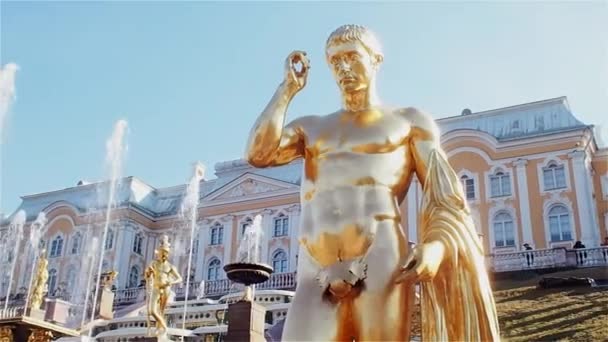 Gouden sculpturen van de belangrijkste cascade van fonteinen in Peterhof, een voorstad van St. Petersburg — Stockvideo